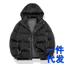 棉衣男生冬季加厚连帽保暖亮皮格子一件代发外套防寒外套潮棉服男