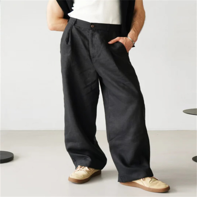 Men's Loose Linen Pleated High Waist Jogging Pants Breathable Daily Casual Pants