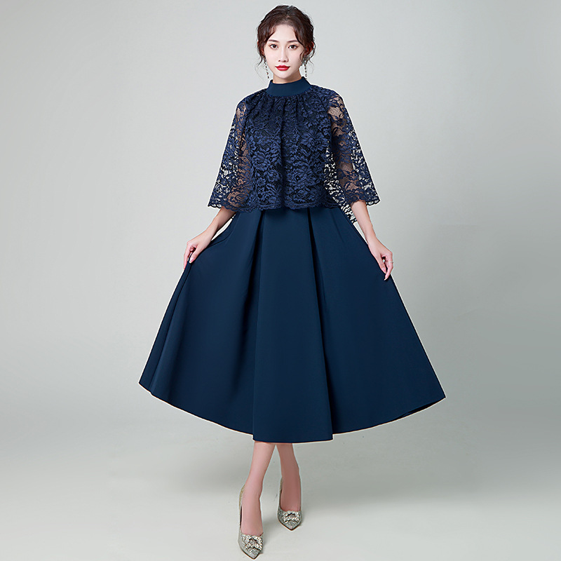 Vestido de noche estilo europeo para mujer, nuevo modelo 2026, azul marino, ropa informal, vestido largo elegante para reuniones anuales.