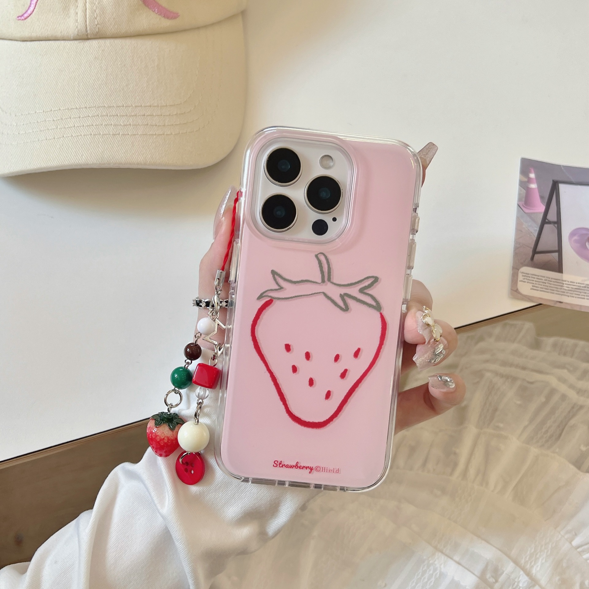 Línea rosa simple fresa fruta apta para Apple 15PorMax nicho 16Pro funda para teléfono móvil 14/13 hembra 16