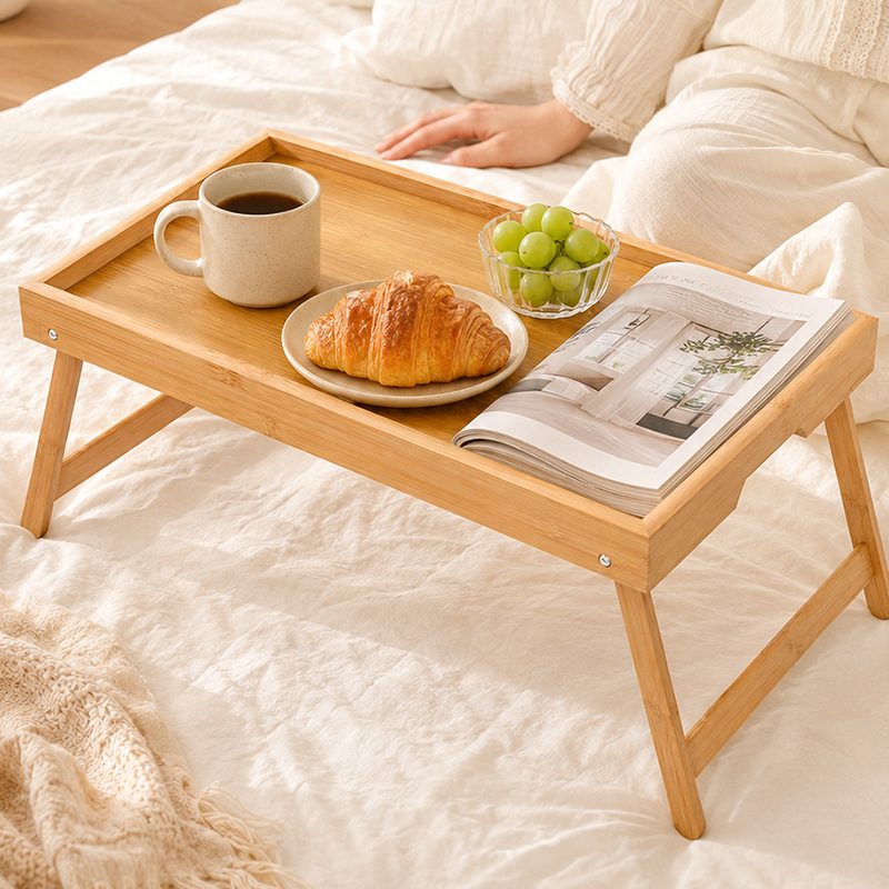 Multifunctional Bamboo Folding Table for Lazy People, Small Table for Bed or Windowsill, Simple Dormitory Computer Desk with Legs, Tea Tray