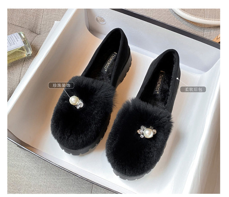 Giày lười nữ lông thỏ thật kiểu hạt đậu, đế dày gót 3-5 cm, đi trong nhà và ngoài trời mùa đông — Màu xám, Màu đen chi tiết 5