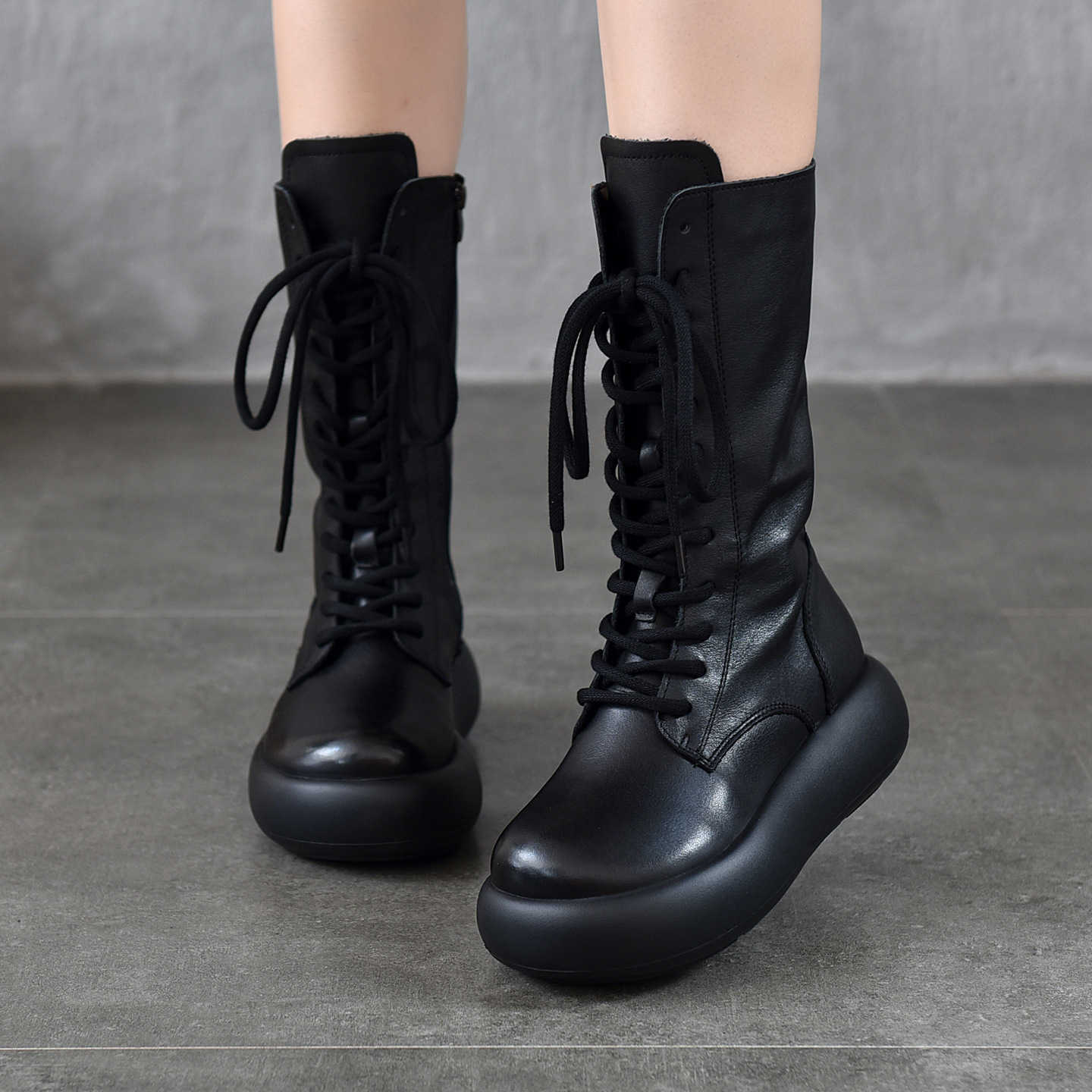 Platform Thick-Soled Lace-Up Genuine Leather Boots Fleece-Lined Mid-Calf Cotton Boots Round-Toe Women's Boots 2025 Autumn and Winter Cowhide Boots