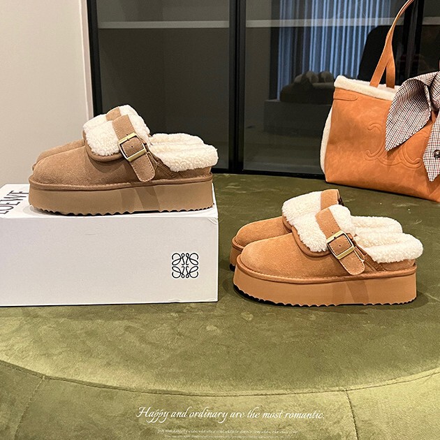 Cowhide Version ~ Baotou Neck Ken Snow Boots for Women 4.5cm Warm Fur Shoes Thick-Soled Outer Wear Fleece-Lined Baotou Cotton Slippers