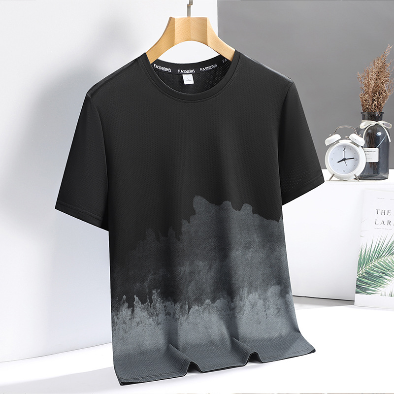 Camiseta de manga corta de seda de hielo para hombres, aire acondicionado transpirable con estampado de verano, secado rápido, estiramiento, ocio, fresco, deportes, tops sueltos para hombres