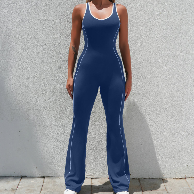 Monos de yoga deportivos transfronterizos europeos y americanos cuidadosamente seleccionados para mujer, con un hermoso diseño en la espalda, un diseño deportivo de fitness con una sensación de desnudez y un estilo de pantalones acampanados que levantan la cadera.