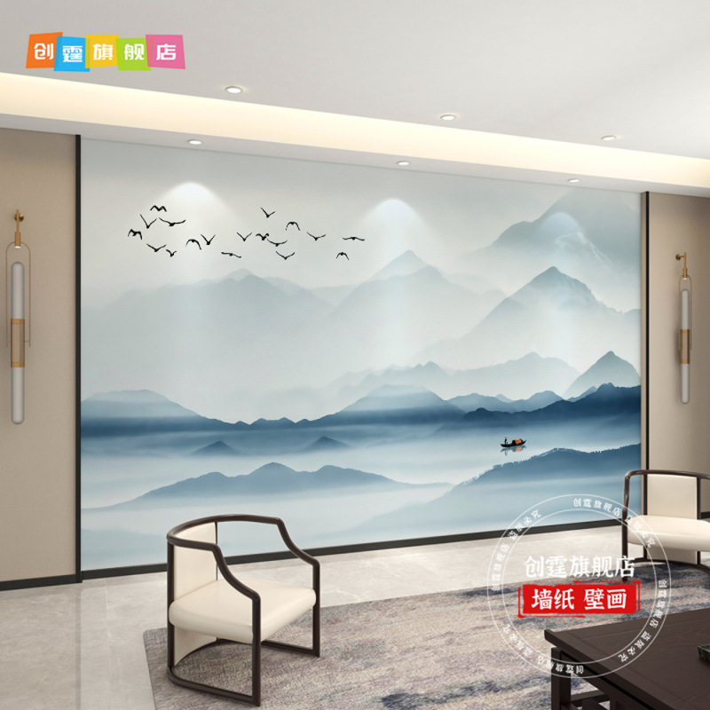 千里江山图电视背景墙壁布客厅新款中式壁纸3d立体壁画影视墙|undefined