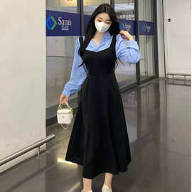 秋冬季新款时尚撞色拼接假两件小黑裙收腰系带A字长袖连衣裙女装