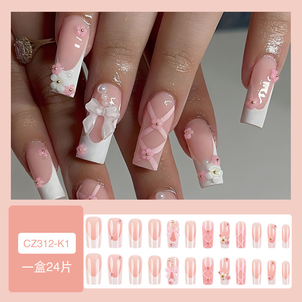 Polvo de diamante blanco arco ballet manicure flores de venta caliente transfronteriza francesa 24 piezas de parche de uñas