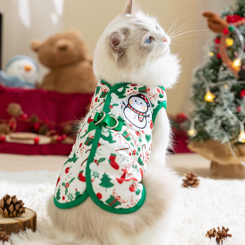 Muñeco de nieve verde galletas hombre de Navidad Cardigan chaleco gato vacaciones divertidas ropa de invierno ropa de gato mascota