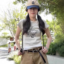 HelloKitty印花卡其色短袖正肩T恤女夏季修身显瘦美式甜辣妹上衣