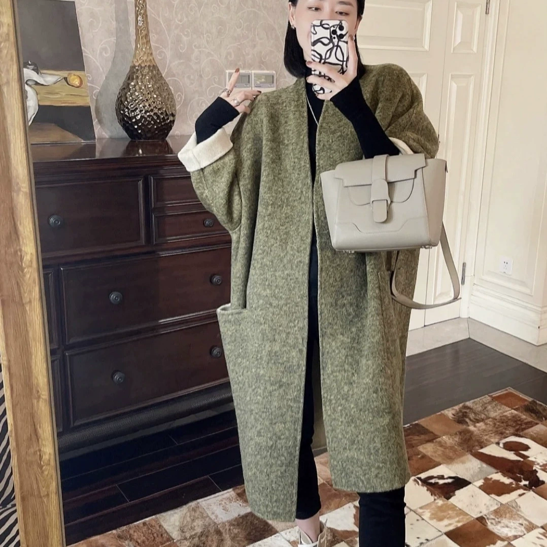 Двустороннее двуцветное шерстяное длинное пальто, mid-length