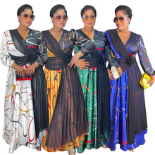 欧美跨境非洲外贸新款女装速卖通穆斯林撞色印花连衣裙大码长裙子