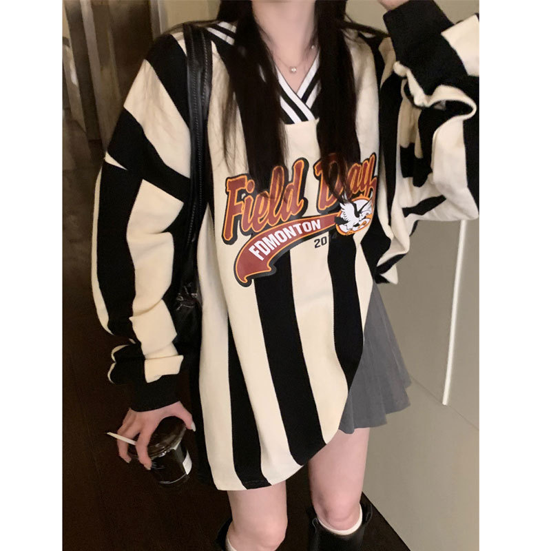 V-neck striped baseball contrast long sleeve loose sweater women's spring 2025 new sports casual mid-length top