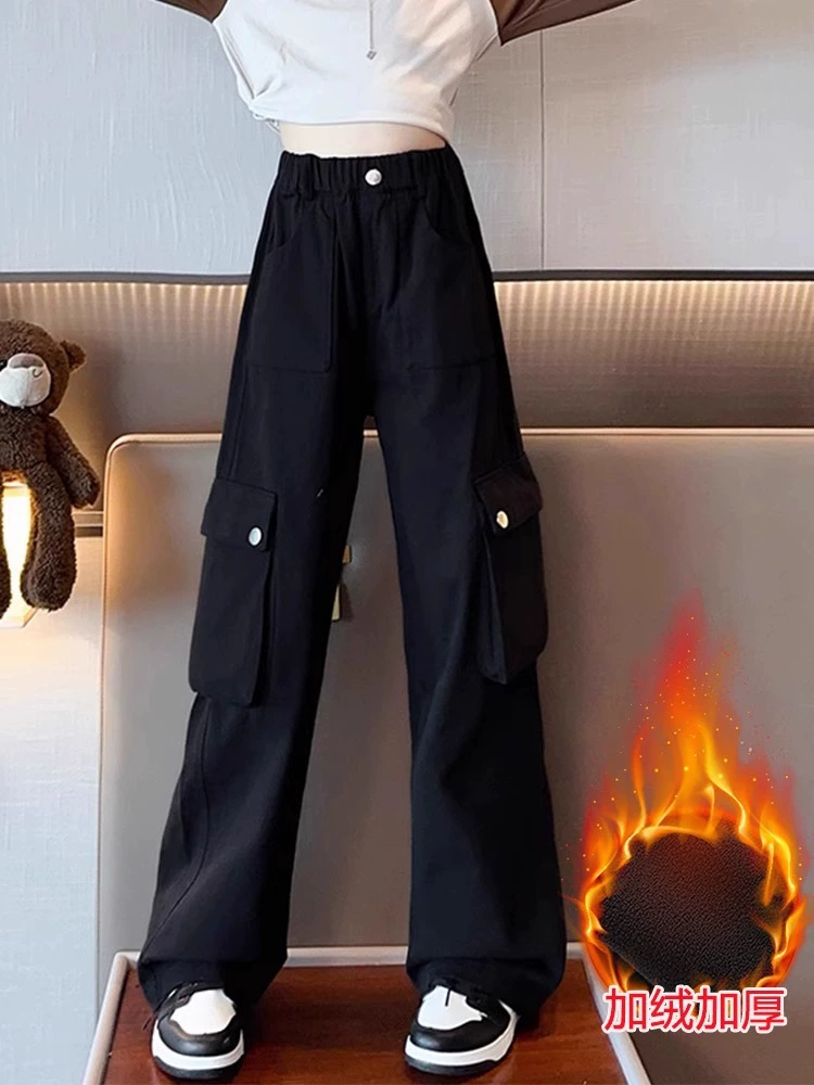 Для девочек повседневные брюки осень-зима спортивные брюки 2024 новый стиль модная девушка среднего и большого детского рабочего костюма брюки плюшевые брюки