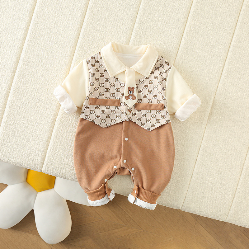 Ropa de estilo británico para bebés, ropa de primavera para bebés de un año, ropa de una pieza de primavera y otoño, traje falso de dos piezas, hermoso