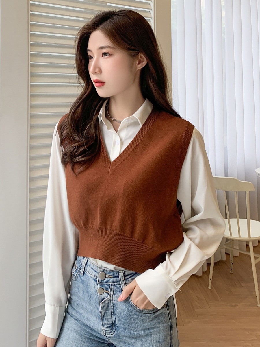 Chaleco de punto estilo nuevo para primavera y otoño para mujer, suéter sin mangas moderno, top corto marrón elegante.