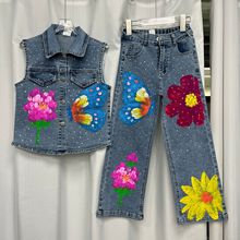 欧洲站重工设计感手绘牛仔套装蝴蝶花朵烫钻显瘦牛仔两件套潮