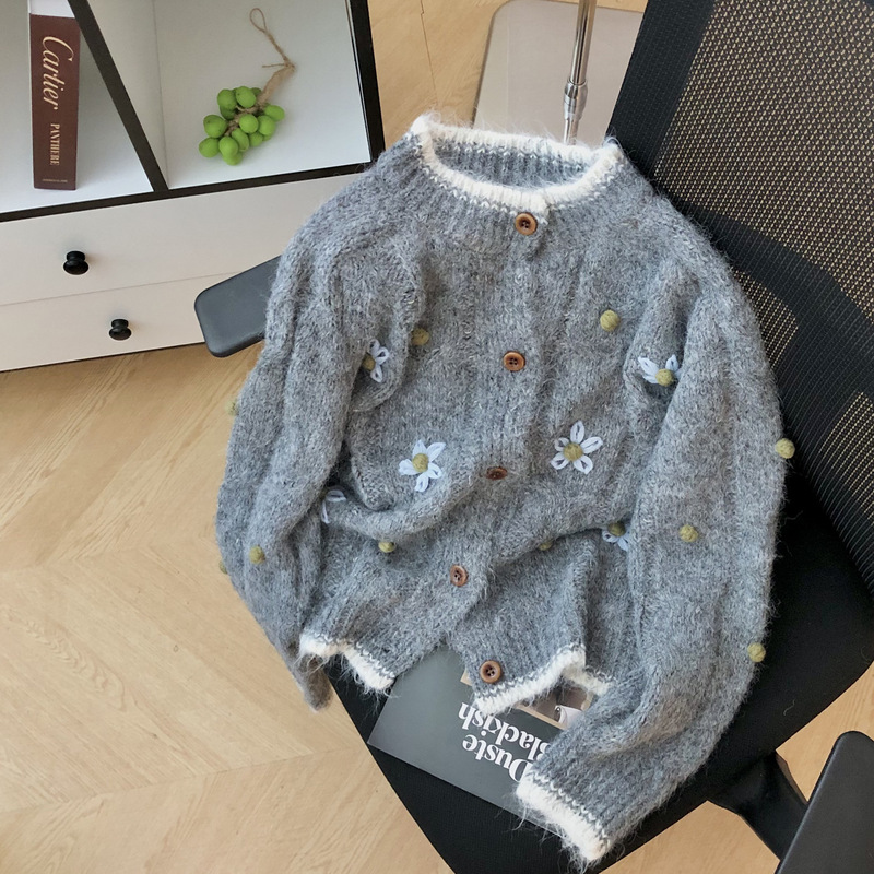 撞色手工钩花开衫毛衣女2025秋冬新款韩系慵懒风麻花复古针织外套|undefined