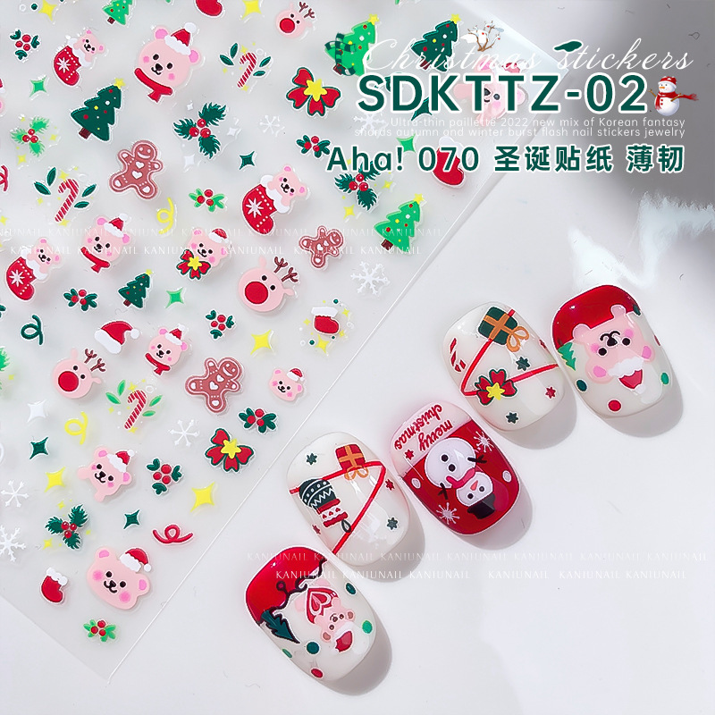 圣诞节美甲贴纸跨境圣诞老人卡通雪人雪花麋鹿圣诞树指甲背胶贴纸|undefined