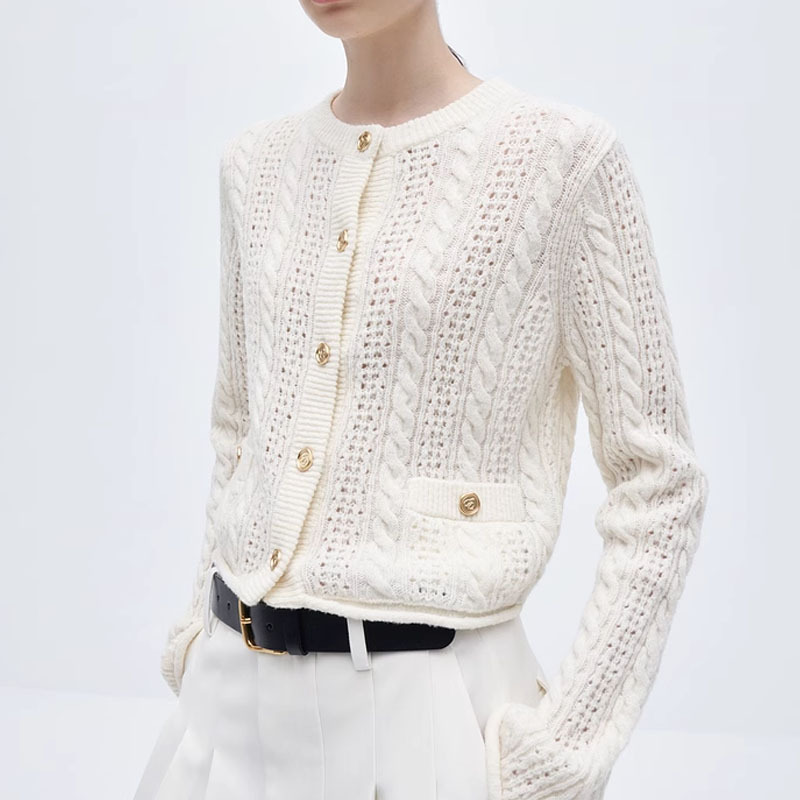 26 Autumn/Winter Style Cable-Knit Hollow-Out Chanel-Style Wool Cardigan with a Fashionable Design, Slimming Effect, and Solid Color Knit Sweater for Women 26 Autumn/Winter Style Cable-Knit Hollow-Out Chanel-Style Wool Cardigan with a Fashionable Design, Slimming Effect, and Solid Color Knit Sweater for Women