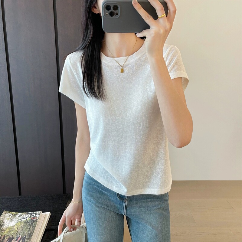 夏用の女性用テクスチャードショルダーソリッドカラーカジュアルラウンドネック半袖Tシャツ、ゆったり、多用途、スリム、通気性、薄い半袖|undefined
