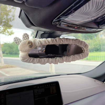 Sürətlər qutusu və əl tormozu başlıqları for Women Creative Cartoon Cute - puff-rearview-mirror-cover-off-white-flower-rabbit-ears