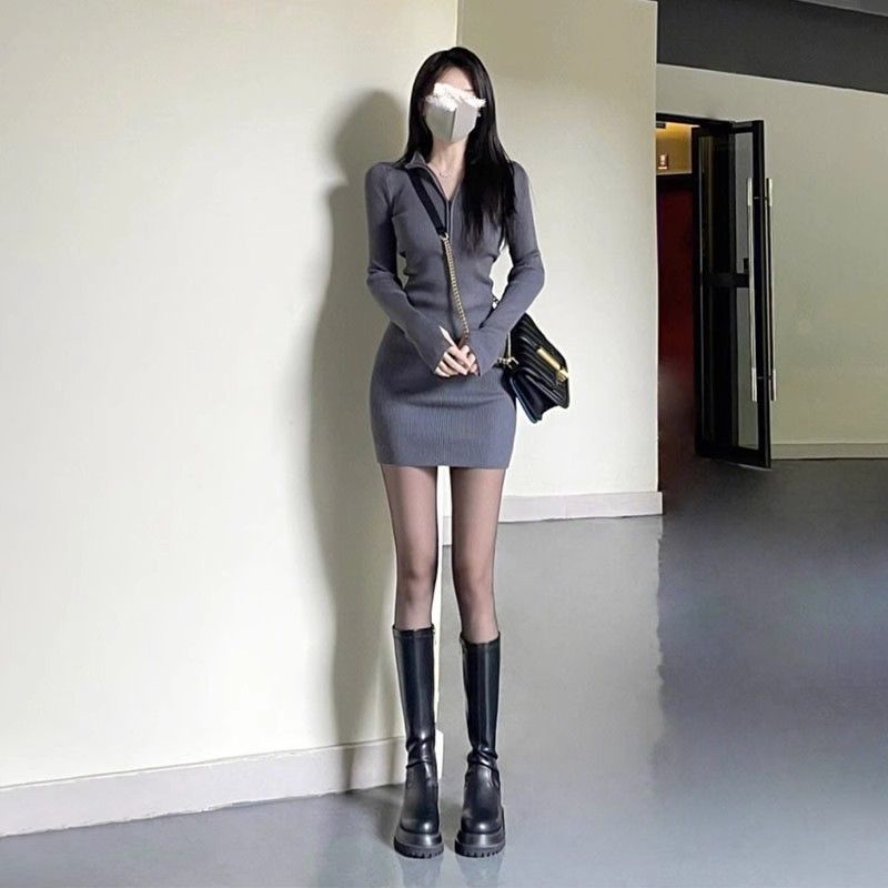 亚马逊速卖通eBay独立站纯欲辣妹连衣裙长袖秋冬修身包臀灰色短裙|undefined