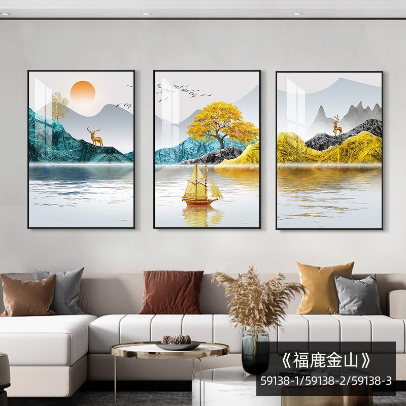 简约大气沙发背景墙聚宝盆山水画酒店宾馆客厅装饰画中式画福鹿|undefined