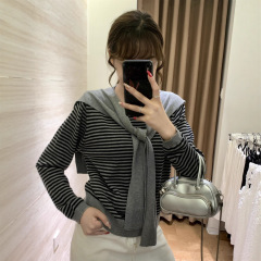 韩女穿搭！早秋气质真两件羊毛混纺软糯条纹针织毛衣可拆卸披肩女