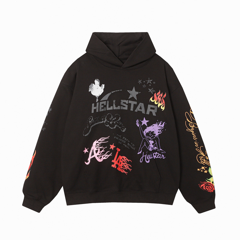 Hellstar欧美潮牌高街复古水洗做旧印花街头宽松连帽衫男女款卫衣|undefined