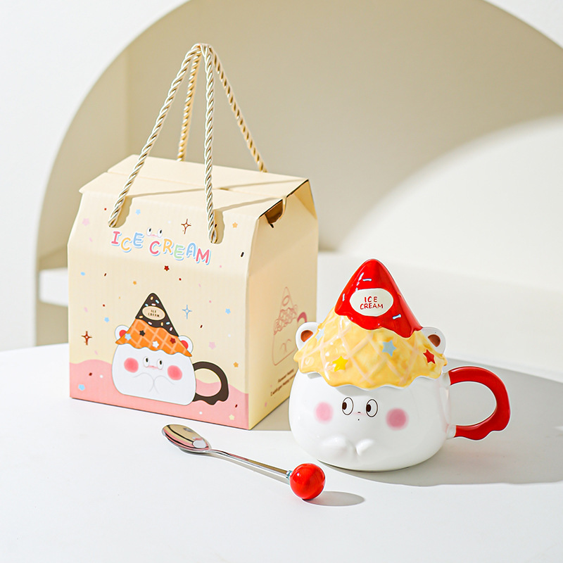 Taza de caricatura de cerámica de alta cara, taza de regalo para una amiga, taza de corazón de una niña, taza de desayuno casera