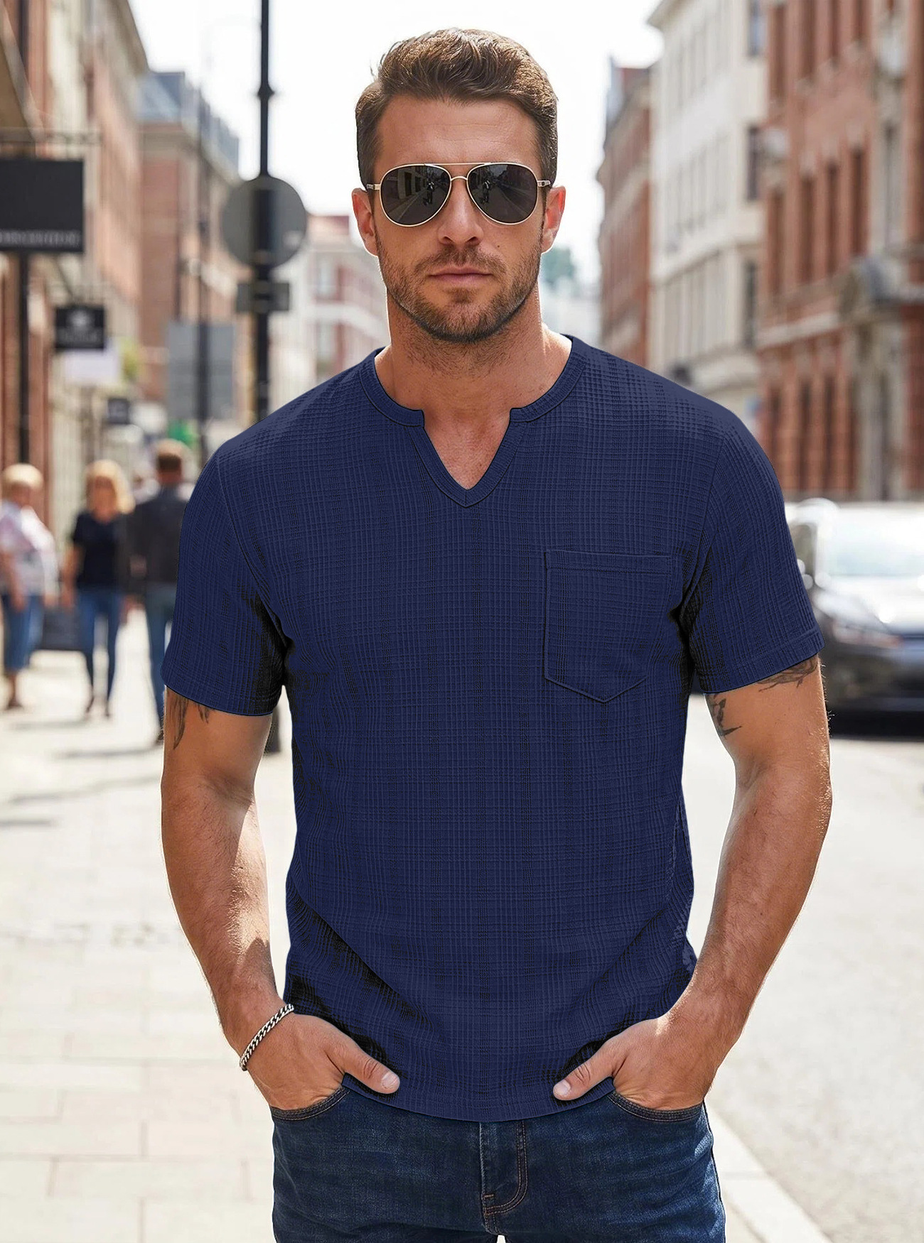 Transfronterizo Amazon hombre de verano imitación de lino de cuello V camiseta de color sólido europea y americana transpirable gran tejido americano de manga corta