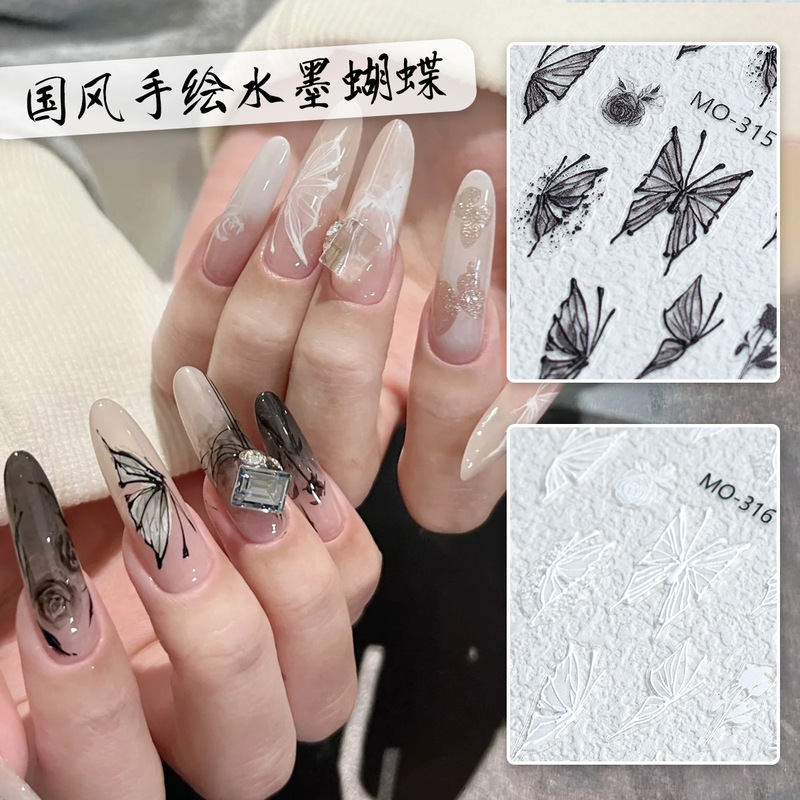 Guofeng Hand-painted Ink Nail Art Sticker Embossed Butterfly Flower Nail Sticker Vintage Artistic Nail Sticker