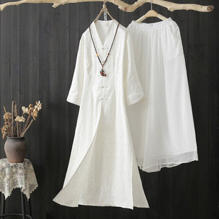 D6X Zen Clothing Women's Chinese Style Two-Piece Summer Improved Han Dynasty Jacquard Cotton Dress Suit Literary Retro Tea Suit