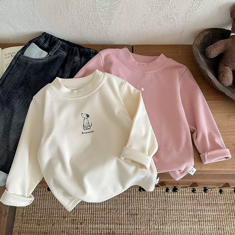 男童卡通德绒打底衫童装2025冬季新款韩版小男孩舒适圆领粉色衣服