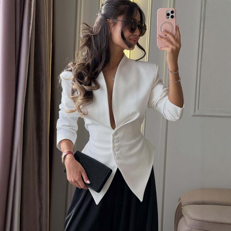 2026 New European and American Style Lace-Up Slim-Fit Waist-Cinching V-Neck Designer Blazer for Women, Fashionable and Elegant Long-Sleeve Suit