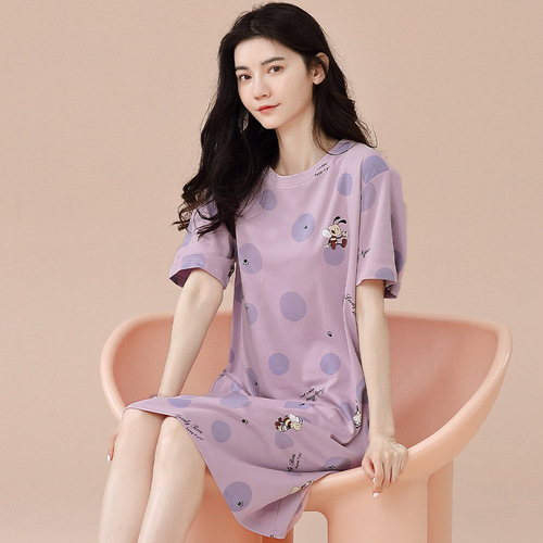 New pure cotton nightgown women's short-sleeved summer thin student loose large size long cute women's pajamas home wear