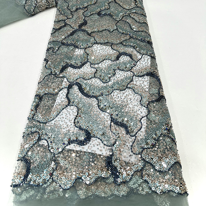 Tubo de cuentas bordado de alta gama cuentas bordado sequinado tela de red de encaje ondulado fondo DIY estilo Hepburn vestido de boda tela