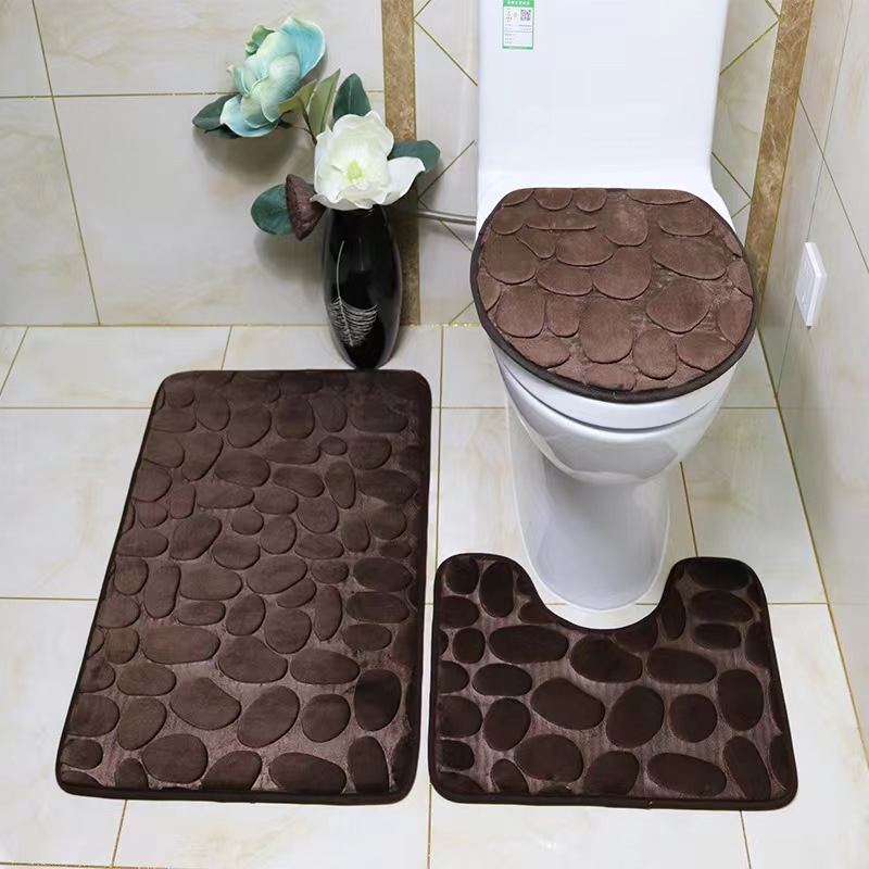 Pebble-patterned toilet three-piece set bathroom absorbent floor mat quick-drying coral velvet foot mat non-slip toilet mat