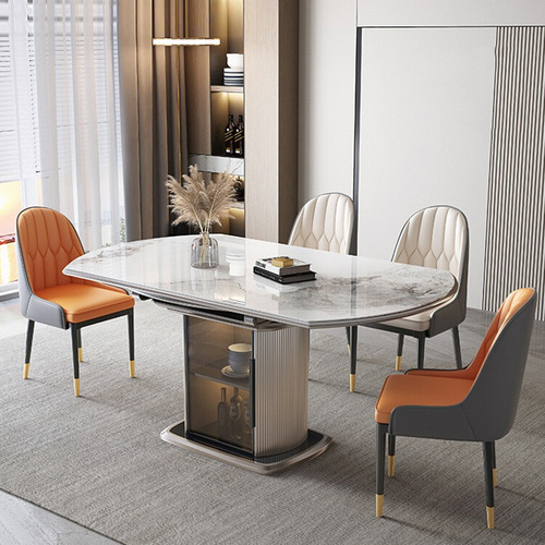 轻奢岩板餐桌家用折叠可变圆饭桌伸缩实木储物餐桌椅小户型电磁炉