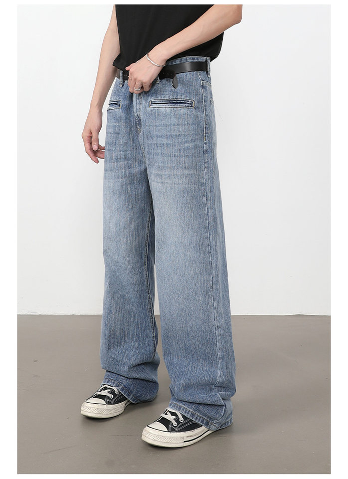 Quần jeans nam ống rộng suông thẳng túi trước họa tiết vân tre — màu xanh chi tiết 8