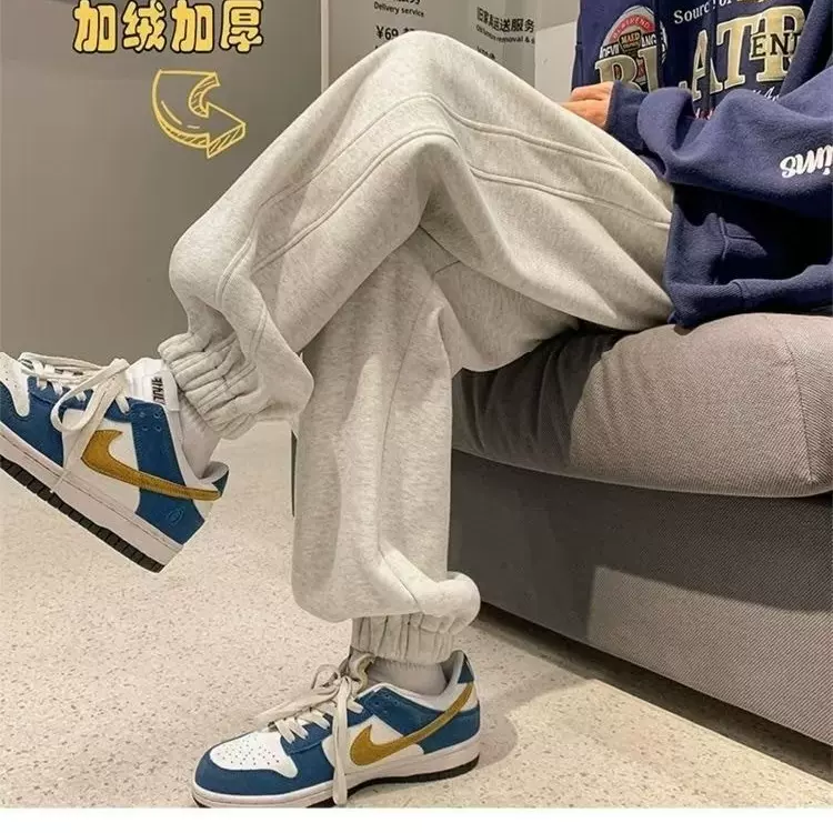 oversize美式休闲束脚卫裤男加绒厚宽松秋冬潮牌黑色重磅运动裤子