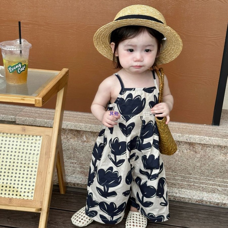Girls' Summer Thin Overalls Casual Fashion Strap Jumpsuit Children's Wide-Leg Pants Summer