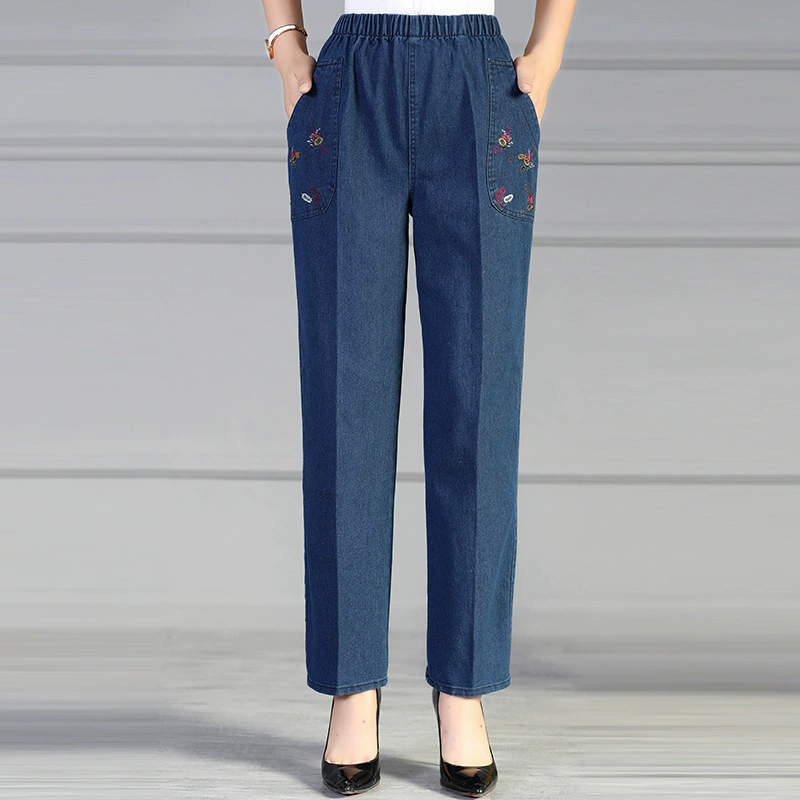 Весенние и осенние джинсы для среднего и пожилого возраста, женские эластичные повседневные женские брюки с высокой талией для мам, прямые длинные брюки для бабушек