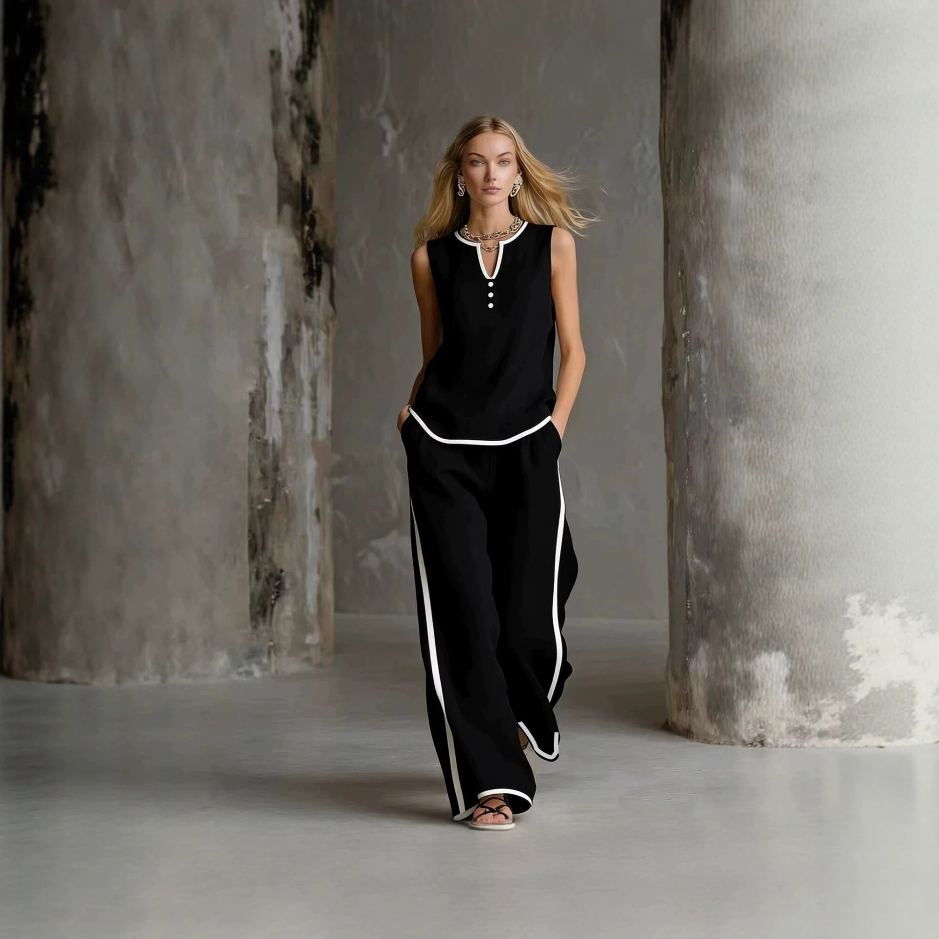 Summer Women's Sleeveless V Neck Color Block Wide Leg Pants Set Style Casual Fashion Solid Two Piece_ecoleips.com