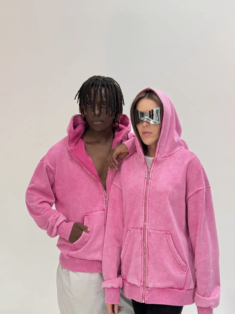 Otoño y invierno comercio exterior cardigan con cremallera más vello pesado lavado con agua para hacer viejas camisetas con capuz para hombres de moda americana pareja camisetas con capuz