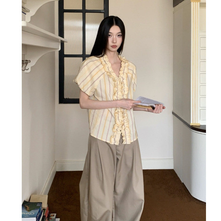 Ruffled Cap Sleeve Lace Women's Shirt V-Neck French Style Top Cute Blouse Ruffled Cap Sleeve Lace Women's Shirt V-Neck French Style Top Cute Blouse