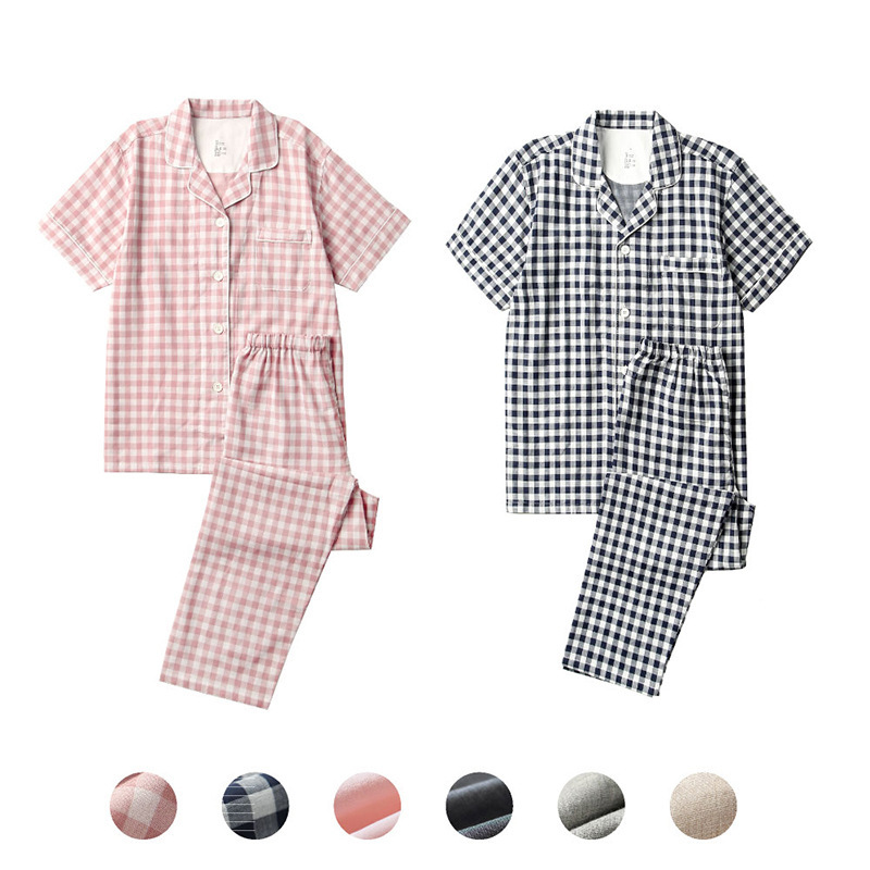 MUJI Japanese-style Yumi Cotton Double-layer Yarn Women's Short-sleeved Plaid Pajamas Summer Men's Home Clothes Couple's Suit