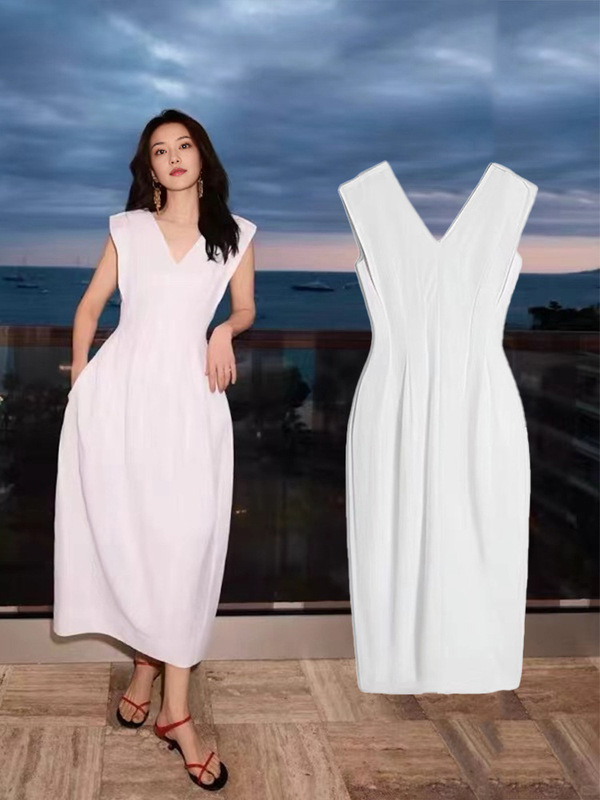 スポット Gao Yuanyuan 同じスタイルの V ネック白ノースリーブドレスの女性の夏の 2025 新しいハイエンドの小さなロングスカート|undefined